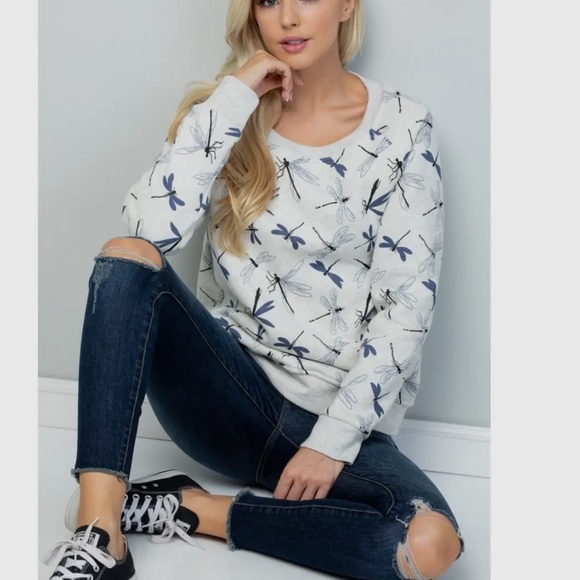 New LA soul White and Blue Dragonfly Print fleece crew sweatshirt S-XL - Picture 2 of 4